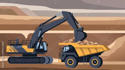 Heavy machinery excavates earth with a large truck on a mining site.