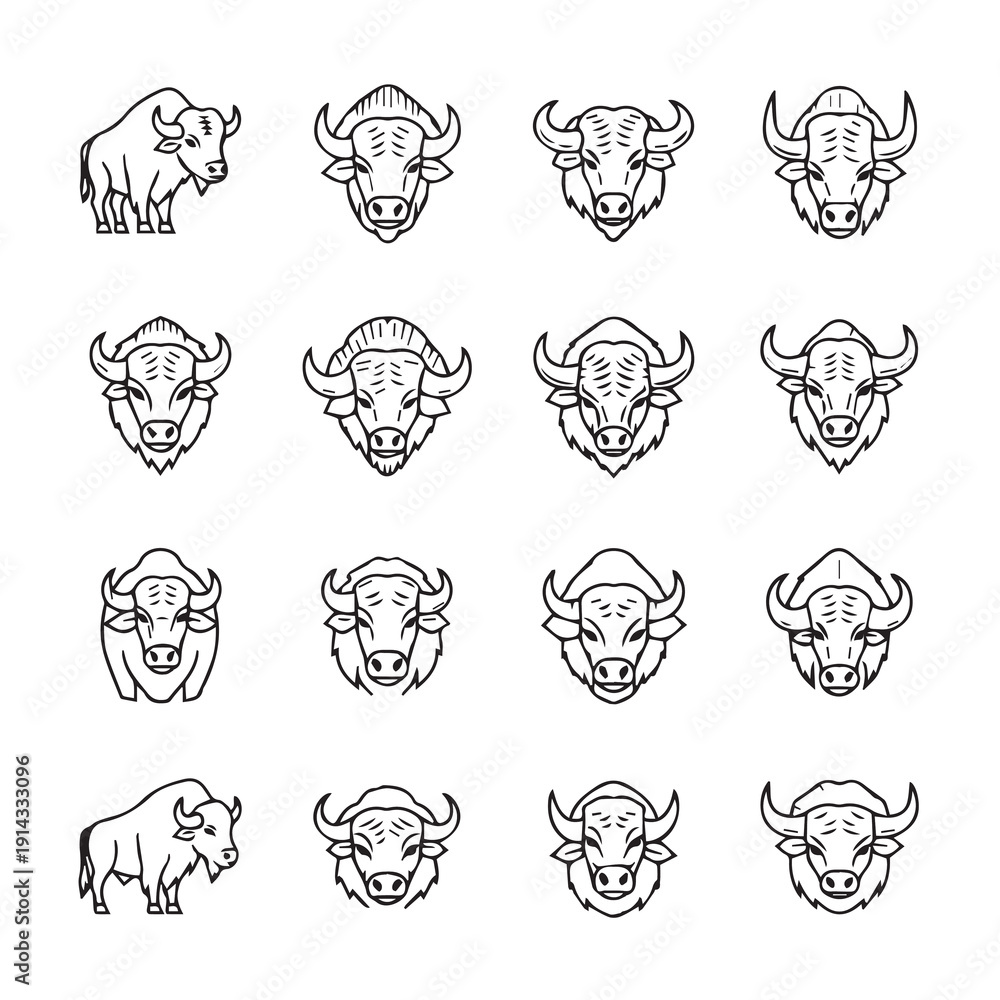 Obraz premium Bison Head Icons and Full Body Illustration, Black and White Line Art
