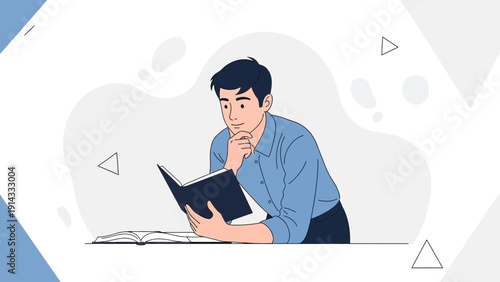 Man Reading Book Thoughtful Concentration Studying Knowledge Learning Flat Design