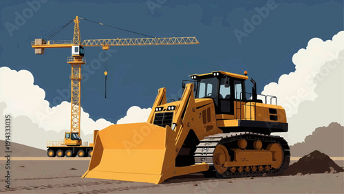A yellow bulldozer sits idle on a construction site with a crane.
