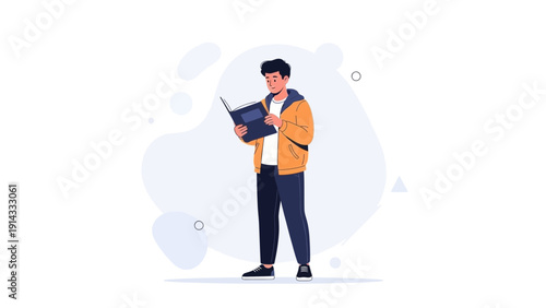 Young man reading a book, illustration, education, modern style