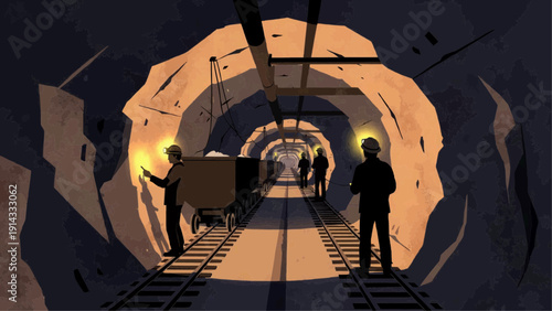 Two miners pushing a cart on railway tracks in a dimly lit tunnel