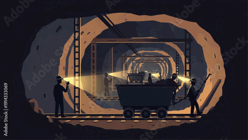 Two miners illuminate a tunnel with headlamps while operating a mining cart underground.