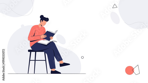 Young Woman Reading Book Sitting on Chair, Education and Relaxation Concept