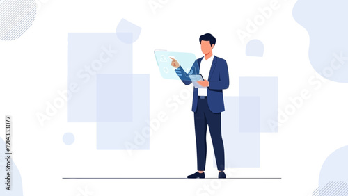 Businessman interacting with futuristic holographic interface, digital technology concept