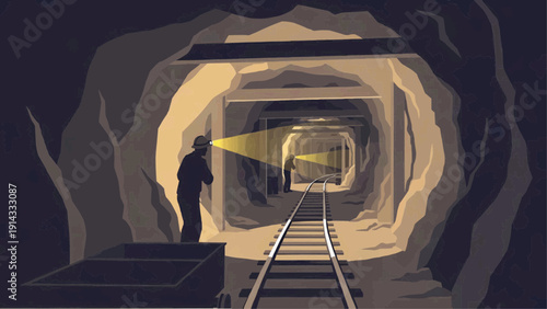 A person shines a flashlight down a dark mine tunnel with railroad tracks.