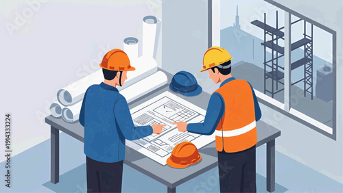 Two workers review construction plans on a table in an office