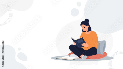 Young woman reading a book while sitting on cushions, lifestyle illustration