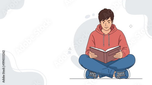 Young man sitting cross-legged reading book, illustration, knowledge, learning, education, hobbies