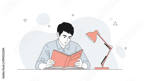Young Man Reading Book Under Desk Lamp, Studying, Learning, Knowledge, Education Concept