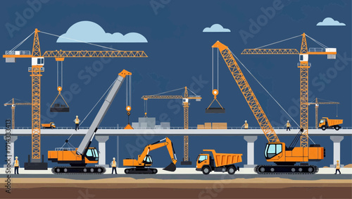 Construction workers operate heavy machinery on a highway bridge site