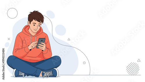 Young man sitting cross-legged, using smartphone, modern illustration