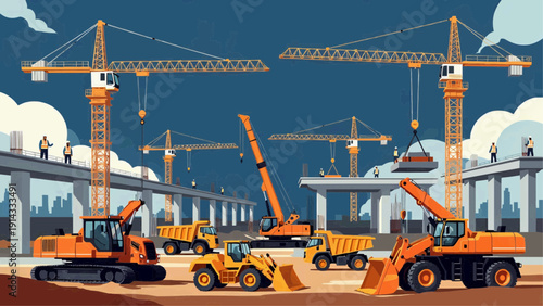 Heavy machinery constructs highway with cranes and workers in industrial area