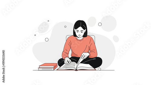 Young woman reading a book cross-legged, illustration, study, knowledge, education