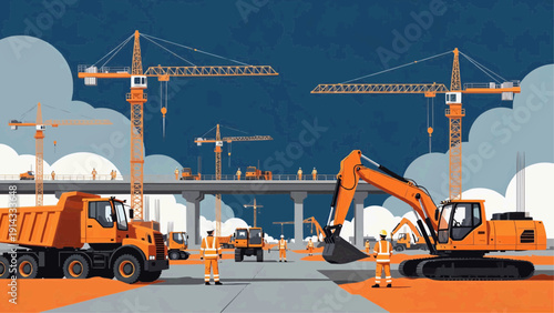 Construction workers operate heavy machinery on a road site