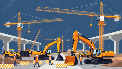 Construction workers operate heavy machinery like cranes and excavators on a highway site