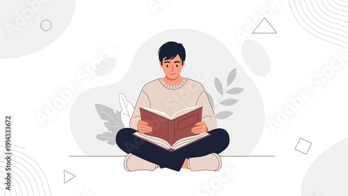 Young Man Reading Book Sitting Cross-legged, Education Concept