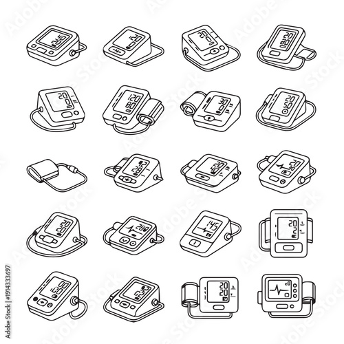 Blood Pressure Monitor Icons Set, Isometric Line Art Medical Devices