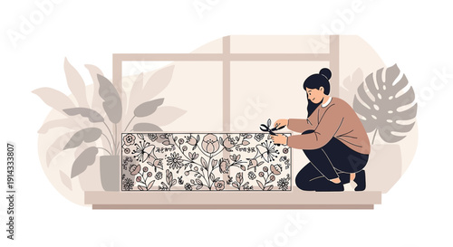 Woman wrapping gift with floral patterned paper, plants in window scene