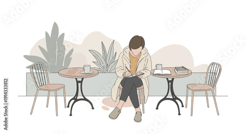 Woman Writing at Outdoor Cafe Table with Book and Coffee