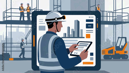Construction worker examines data on tablet at urban building site with coworkers and equipment
