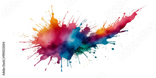 Dynamic rainbow watercolor splash burst with vibrant multicolor ink spread isolated on white background for abstract banner design