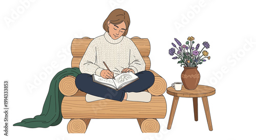 Woman writing in notebook, sitting in armchair with blanket and flowers