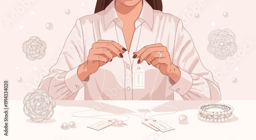 Woman'shands sewing pearls onto white shirt, elegant jewelry, delicate crafting