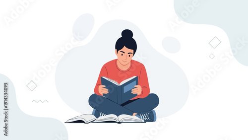 Young Woman Reading Book, Studying and Learning