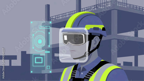Worker wearing virtual reality goggles at construction site with safety gear and buildings