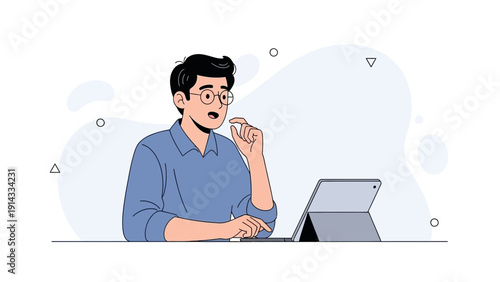 Man Working on Laptop with Questioning Expression, Digital Illustration