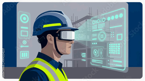 A worker in a hard hat and safety vest uses augmented reality glasses to view data on a construction site screen.