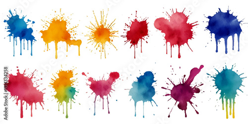 Collection of colorful abstract watercolor splashes and ink blot splatters showing grunge drops, stains, and blobs on white with dynamic artistic flow and texture