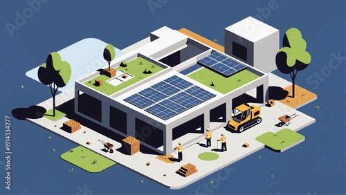 Workers install solar panels on a modern building with green roof