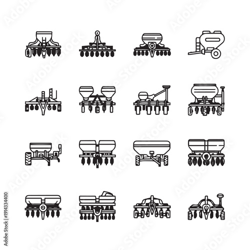 Collection of Agricultural Seeder and Planter Machine Icons, Vector Line Art