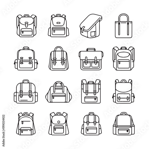 Collection of backpack and bag icons, outline style, vector illustration