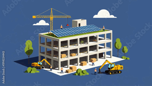Construction workers build a modern building with solar panels on the roof in a city