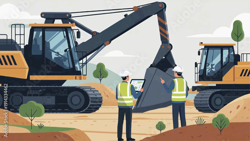 Construction workers operate excavators on a dirt site outdoors