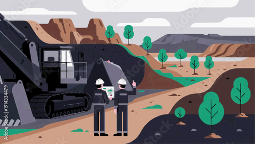 Two workers in hard hats discuss project near an excavator on a dirt road with trees and rugged landscape.