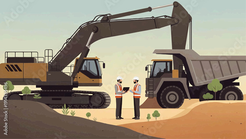 Construction workers operate heavy machinery on a desert site