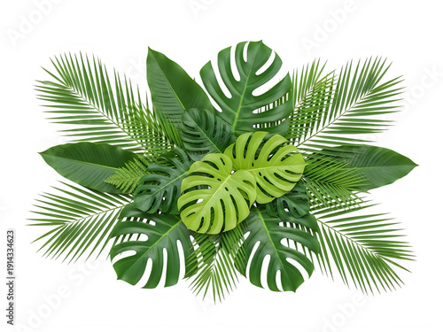 A vibrant bouquet of tropical leaves and flowers in full bloom