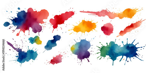 Collection of colorful abstract watercolor splashes and ink blot splatters showing grunge drops, stains, and blobs on white with dynamic artistic flow and texture