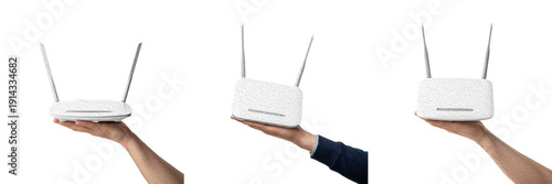 Tableau sur toile Set and collection of hand holding white wireless wifi router with antennas in d