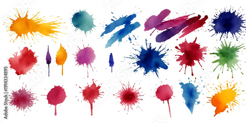 Abstract Colorful Watercolor Stains and Ink Splash Shapes Isolated on White for Creative Design Projects