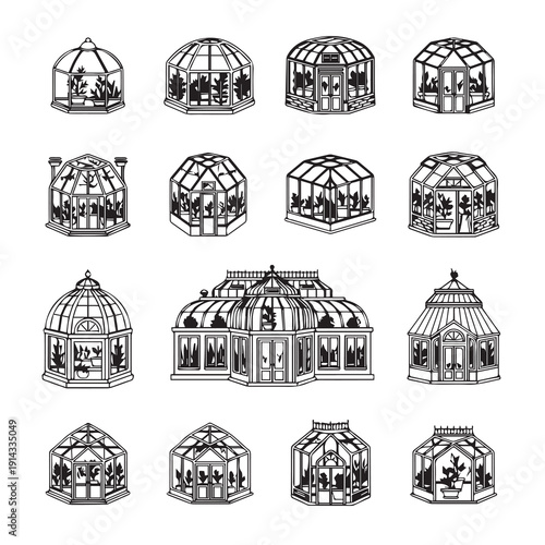 Collection of Diverse Greenhouse Illustrations with Plants, Vector Graphics
