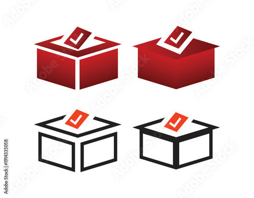 Set of four ballot box icons with checked voting papers. Flat vector illustration of red and black election symbols for democracy, polling, and decision making.