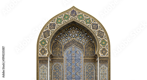Ornate islamic archway with intricate mosaic tilework and geometric patterns isolated on transparent background