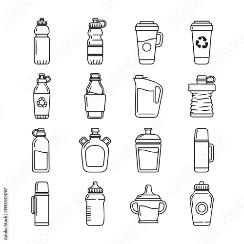 Collection of Drink Containers Icons Vector Line Art Set