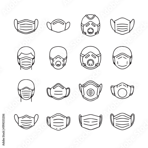 Collection of Face Mask Icons, Different Types of Protective Masks and Respirators, Stock Media