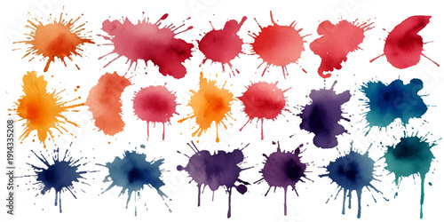 Collection of colorful abstract watercolor splashes and ink blot splatters showing grunge drops, stains, and blobs on white with dynamic artistic flow and texture